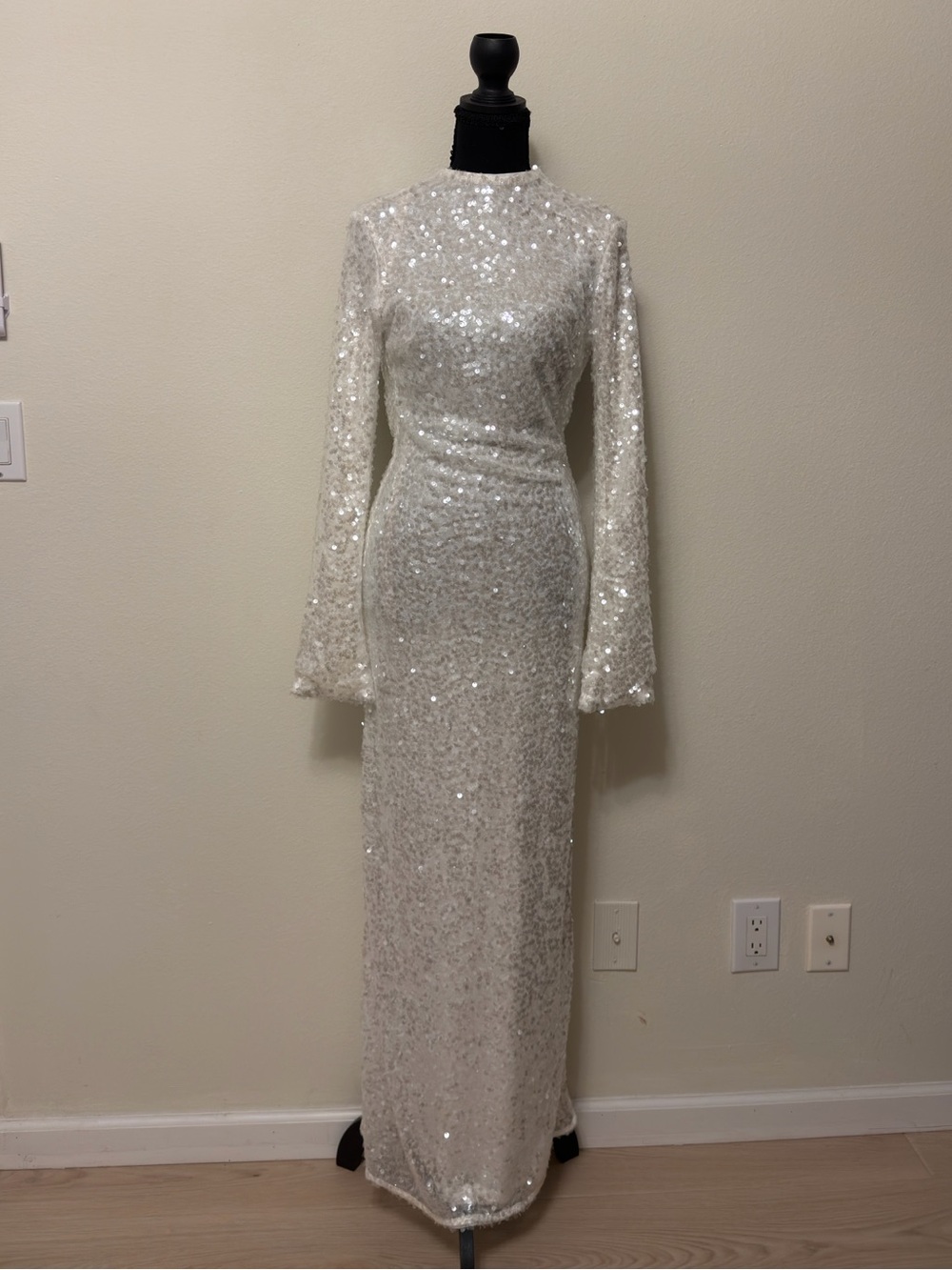 MESHKI Sequin Long Sleeve Evening Gown - White